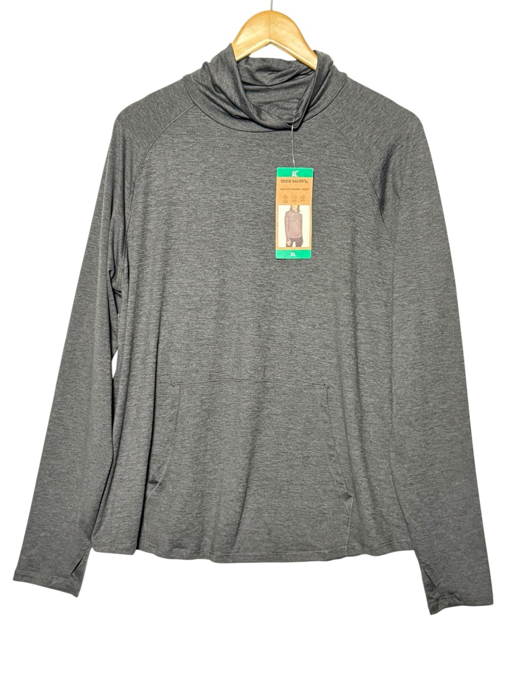 Eddie Bauer active funnel neck front pocket thumbhole cuffs grey XL NWT